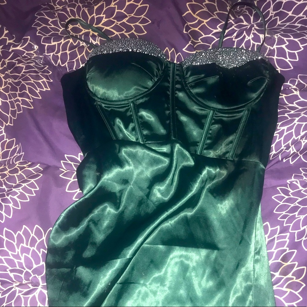 Green satin corset dress with diamonds